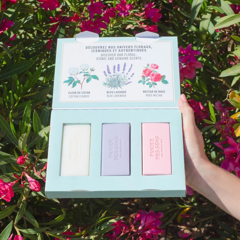 Coffret cadeau 3 savons solides parfumés - Coton, Lavande, Nectar de Rose 3x100g