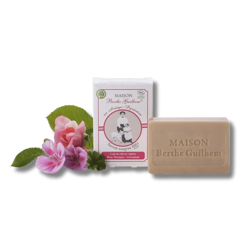 Savon surgras au lait de chèvre frais BIO - Rose musquée et Géranium
