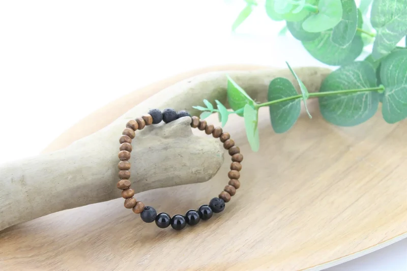 Bracelet Bois Tourmaline et Pierre de Lave Rondes 8mm
