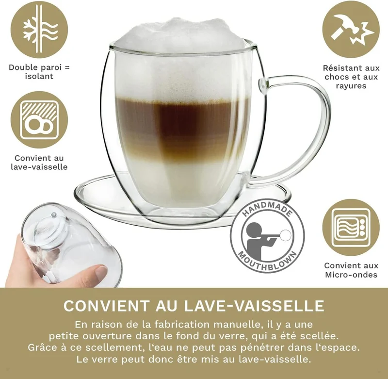 Créano Verre à thé Thermique à Double Paroi XXL avec soucoupe