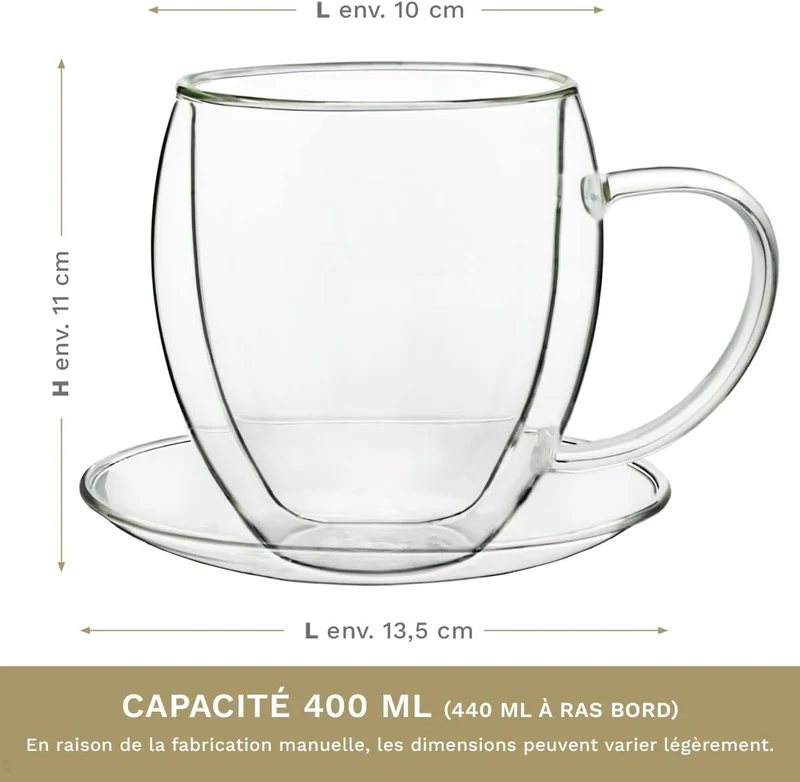 Créano Verre à thé Thermique à Double Paroi XXL avec soucoupe