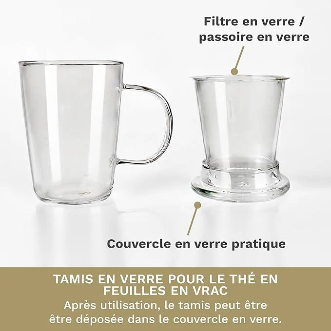 Verre à Thé Creano 400 ml - Grande Tasse à Thé avec passoire et couvercle en verre