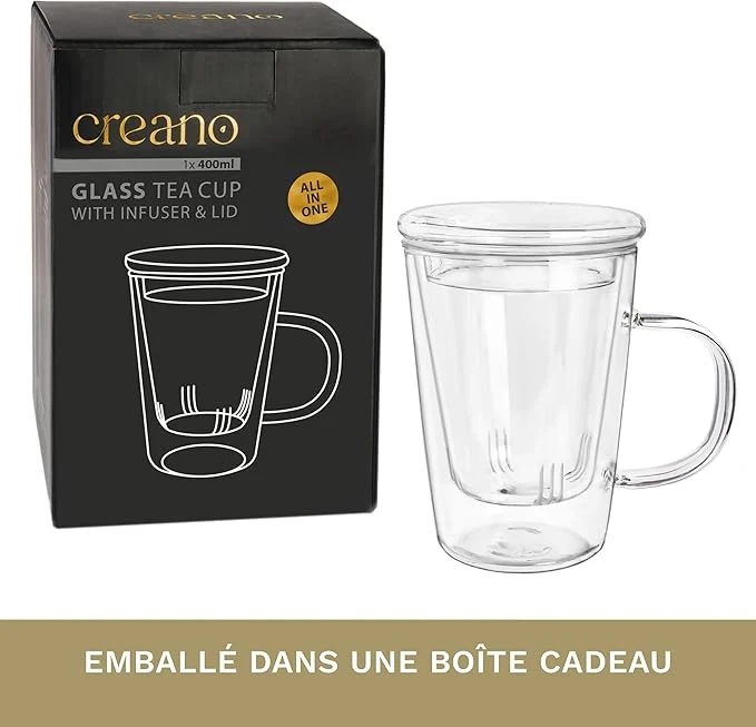 Verre à Thé Creano 400 ml - Grande Tasse à Thé avec passoire et couvercle en verre