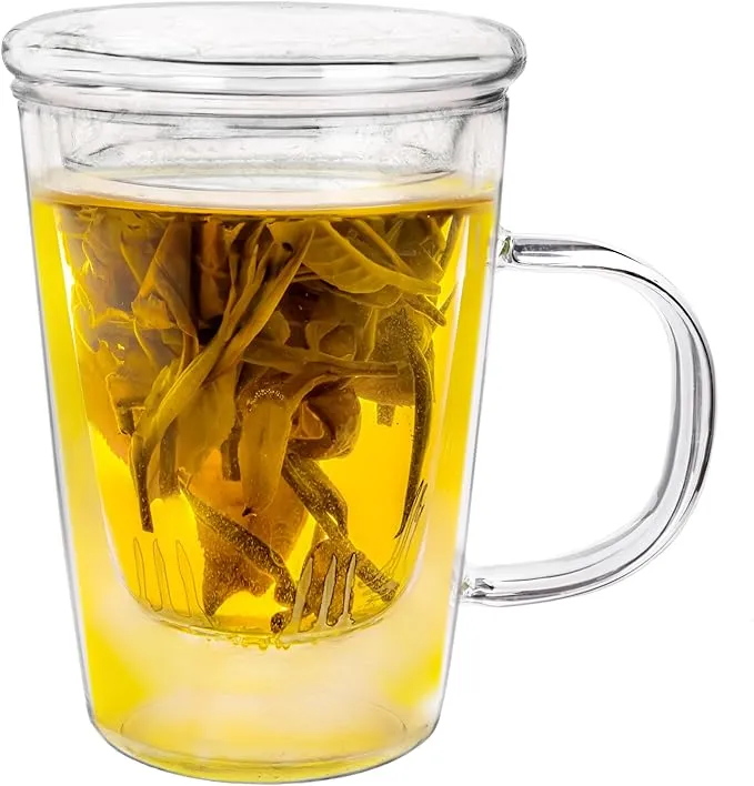 Verre à Thé Creano 400 ml - Grande Tasse à Thé avec passoire et couvercle en verre