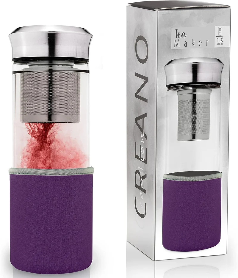 Creano Théière Teamaker Bouteille de Thé à Emporter en Verre avec Passoire
