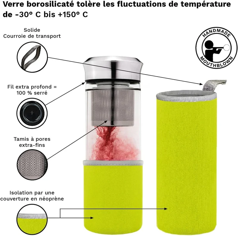 Creano Théière Teamaker Bouteille de Thé à Emporter en Verre avec Passoire