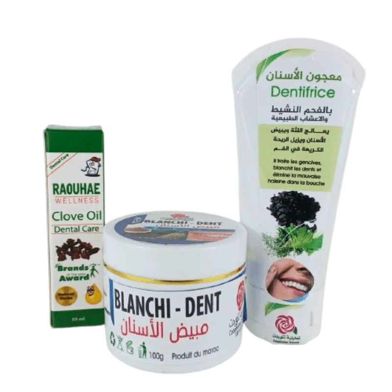 Pack blanchiment dentaire : dentifrice, poudre, huile