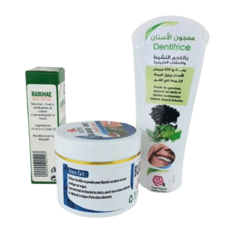 Pack blanchiment dentaire : dentifrice, poudre, huile