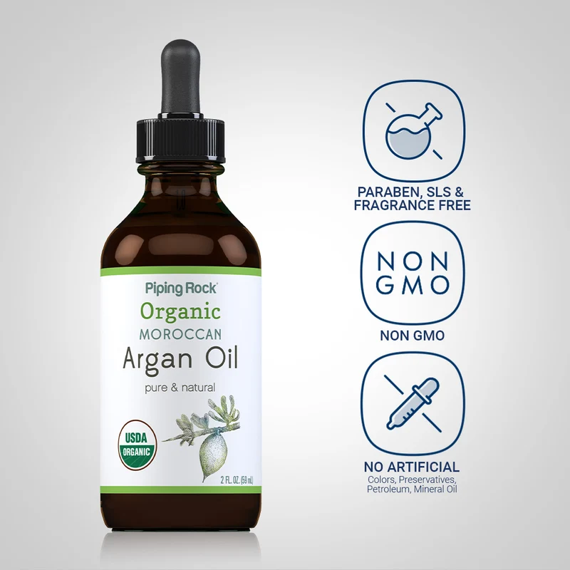 Argan Oil Pure Moroccan Liquid Gold (Organic), 2 fl oz (59 mL) Dropper Bottle, 3 Dropper Bottles