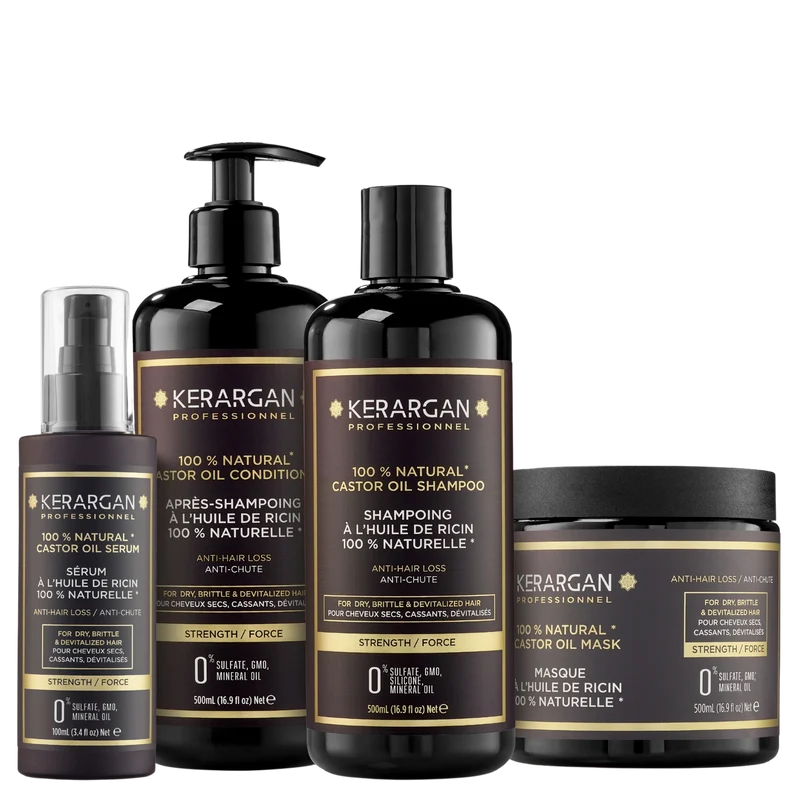 Ensemble shampoing, après-shampoing, masque & sérum ricin 1600ml