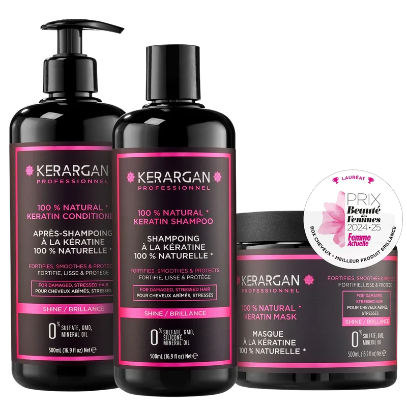 Kit kératine complet 3 étapes - Nettoyer, démêler, nourrir | Kerargan