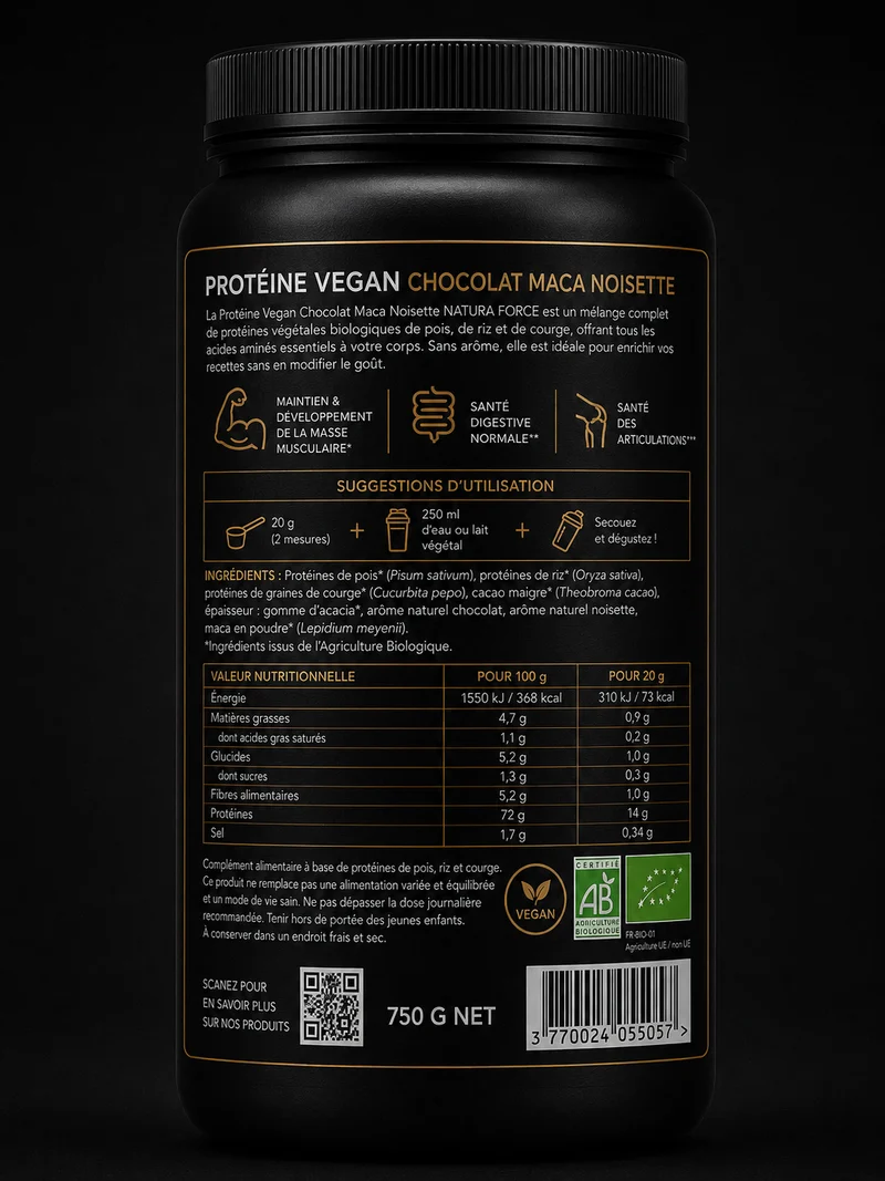 Protéine vegan chocolat maca noisette