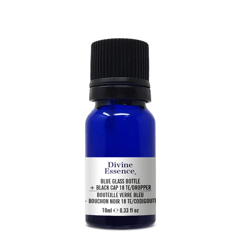 Blue Glass Bottle 10 ml + Black Cap 18 TE/Dropper