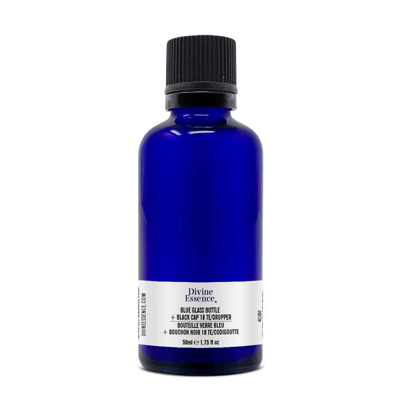 Blue Glass Bottle 50 ml + Black Cap 18 TE/Dropper