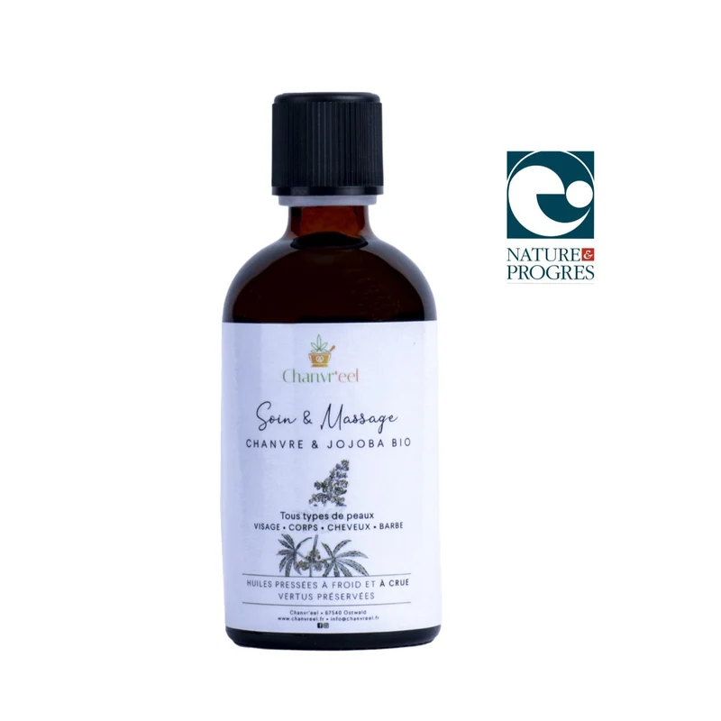 Huile de Soin et Massage Chanvre Jojoba Bio | Visage, Corps et Cheveux | 99,8% Naturelle