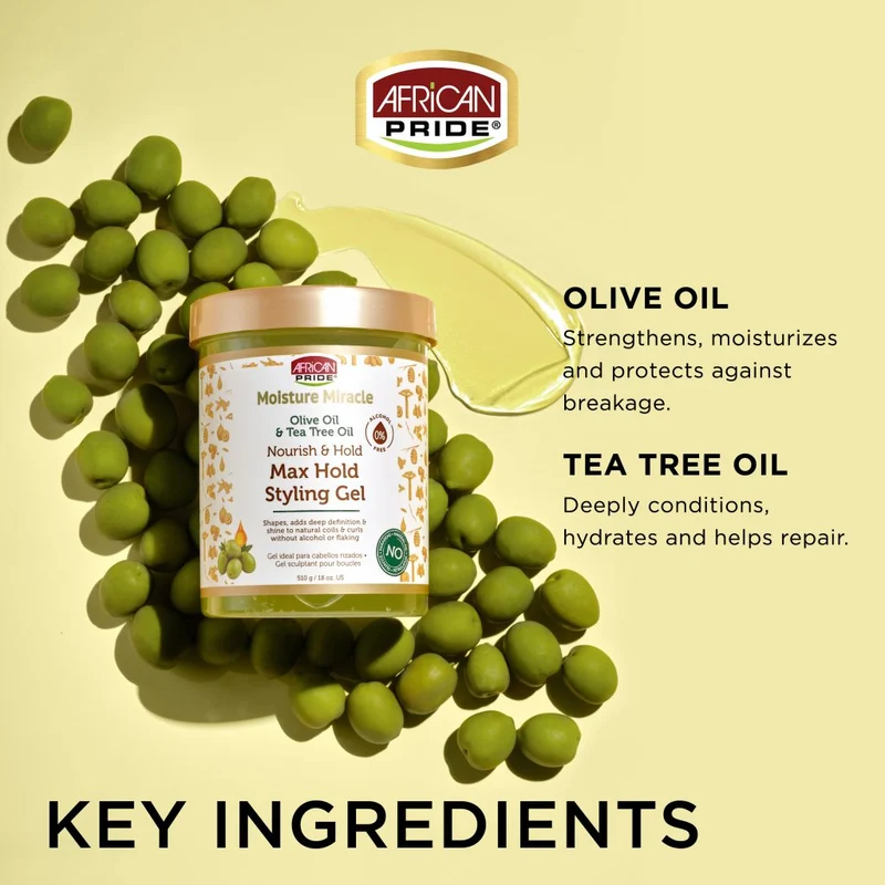 AFRICAN PRIDE MOISTURE MIRACLE ≡ Max Hold Styling Gel Olive & Tea Tree Oil