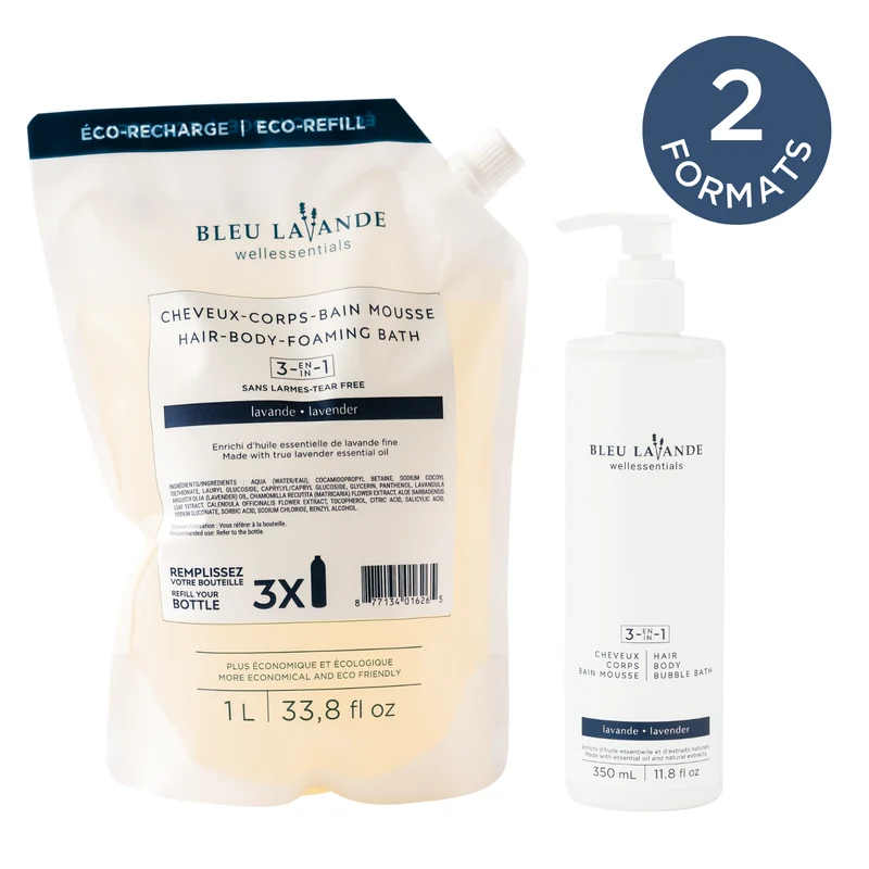 3-en-1 shampooing, gel douche, bain mousse lavande