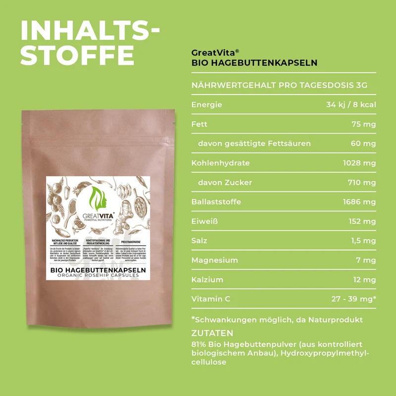 Bio-Hagebutten-Kapseln – 3000 mg Tagesdosis