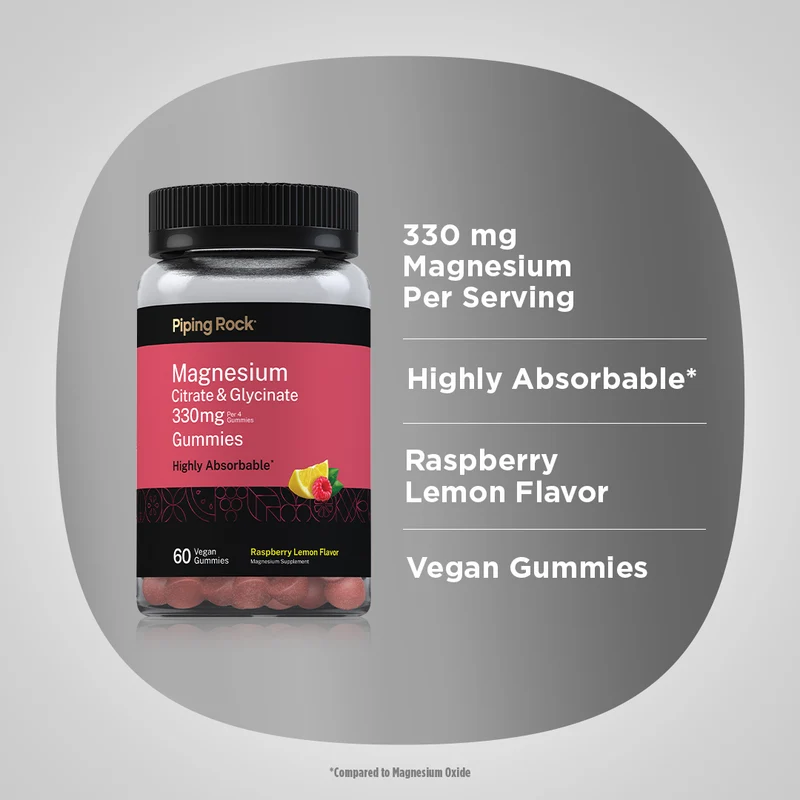 Magnesium Citrate & Glycinate (Raspberry Lemon), 330 mg (per serving), 60 Vegan Gummies