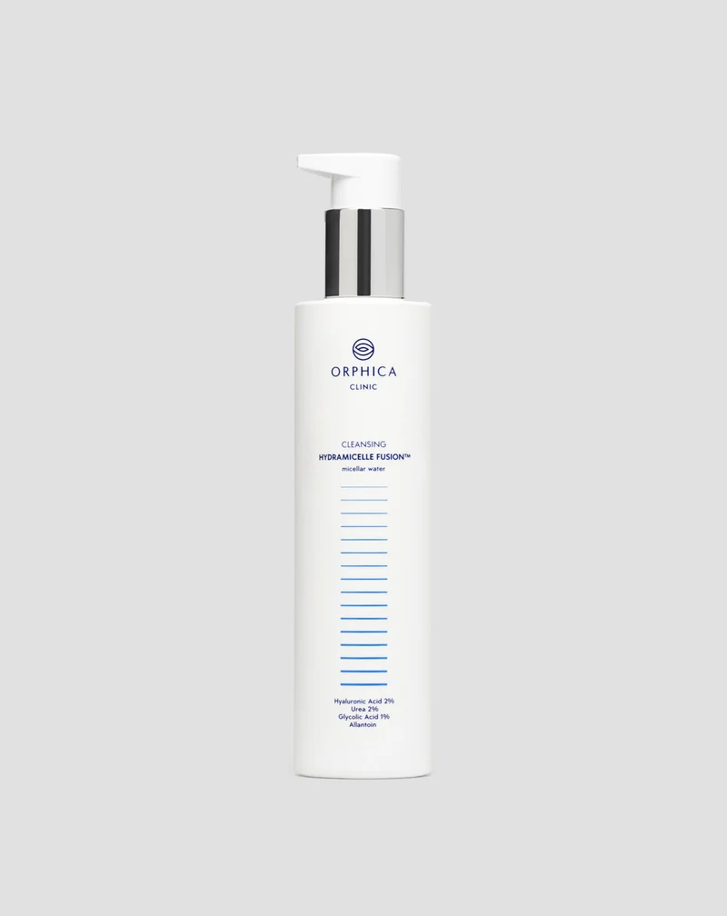 Solution micellaire pour démaquillage et nettoyage pour peau sensible et acnéique à l'urée, à l'acide hyaluronique et à l'acide glycolique Cleansing Orphica Clinic 200 ml