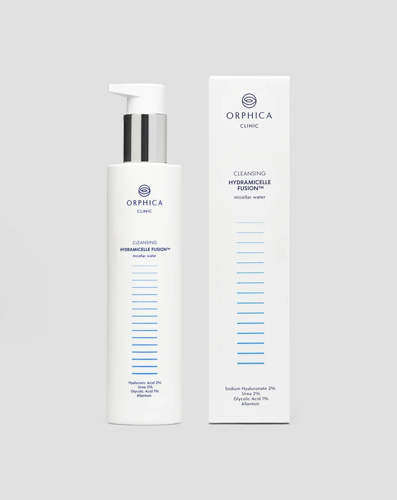 Solution micellaire pour démaquillage et nettoyage pour peau sensible et acnéique à l'urée, à l'acide hyaluronique et à l'acide glycolique Cleansing Orphica Clinic 200 ml