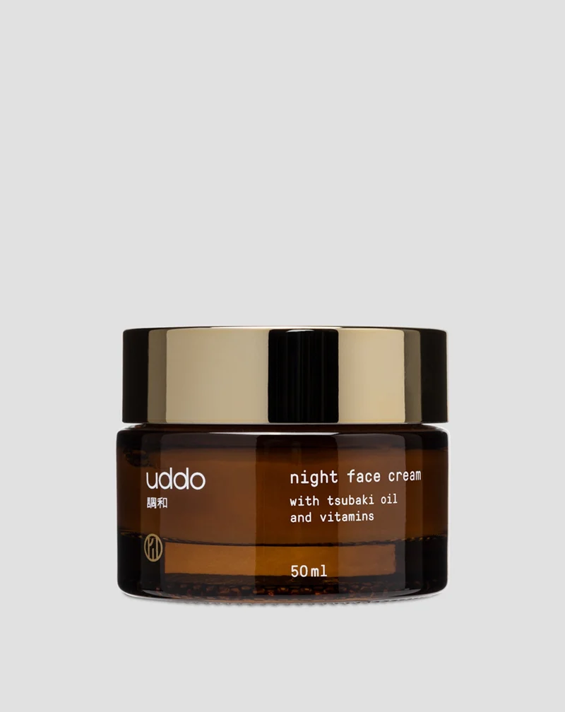 Crème de nuit hydratante pour le visage au beurre de cacao, à l’huile de tsubaki et à l’aloe vera Uddo