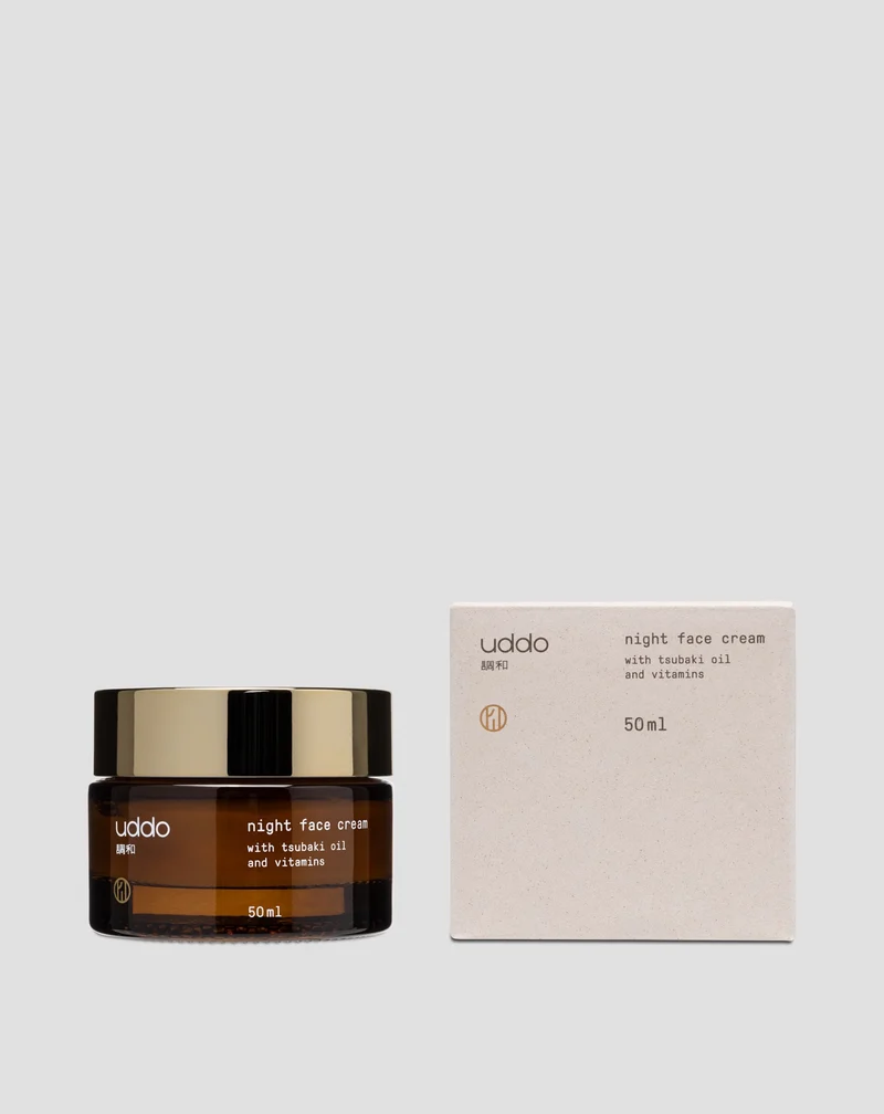 Crème de nuit hydratante pour le visage au beurre de cacao, à l’huile de tsubaki et à l’aloe vera Uddo