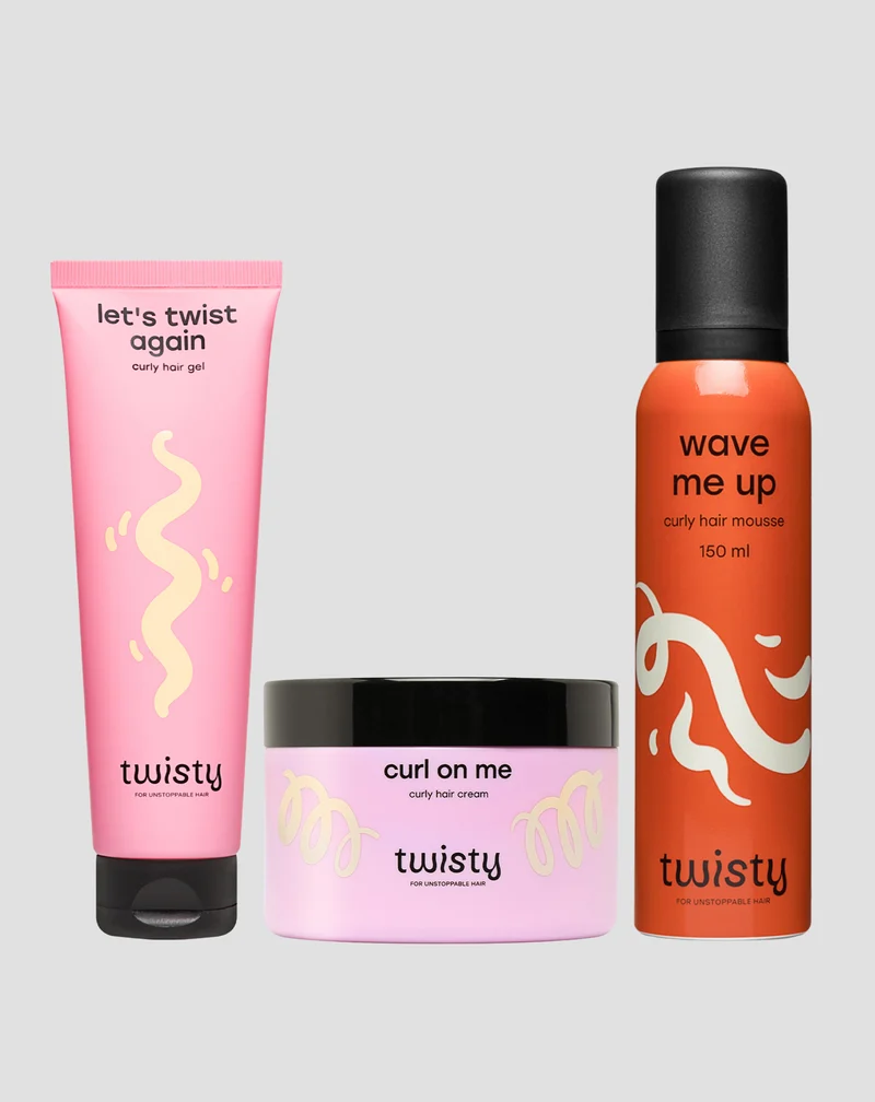 Coffret crème + mousse + gel pour boucles pour le coiffage et le soin des cheveux bouclés et ondulés Twisty