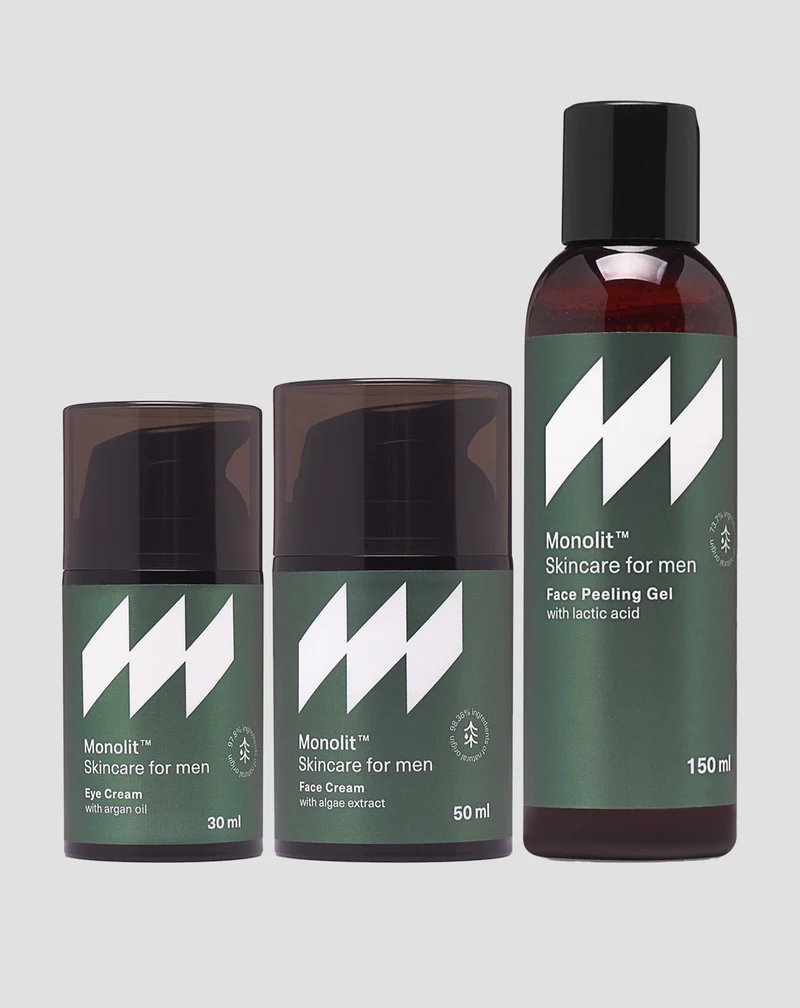 Coffret crème contour des yeux, crème pour le visage et gel nettoyant visage pour homme Monolit