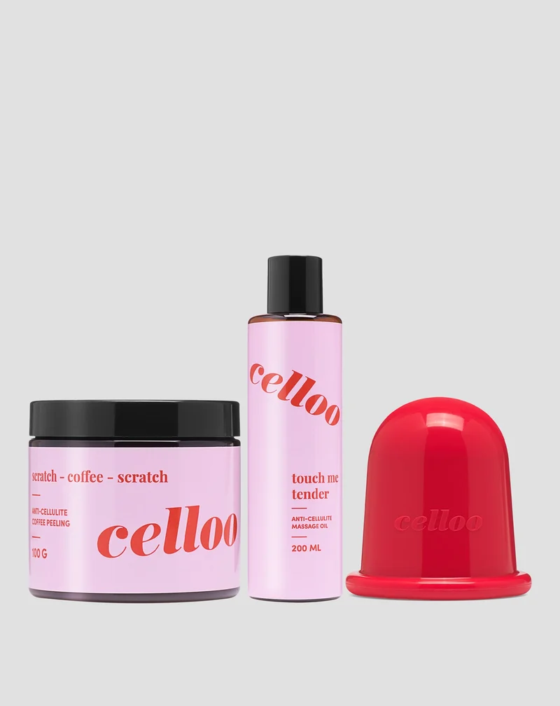 Coffret gommage, huile et grande ventouse pour massage anticellulite Celloo