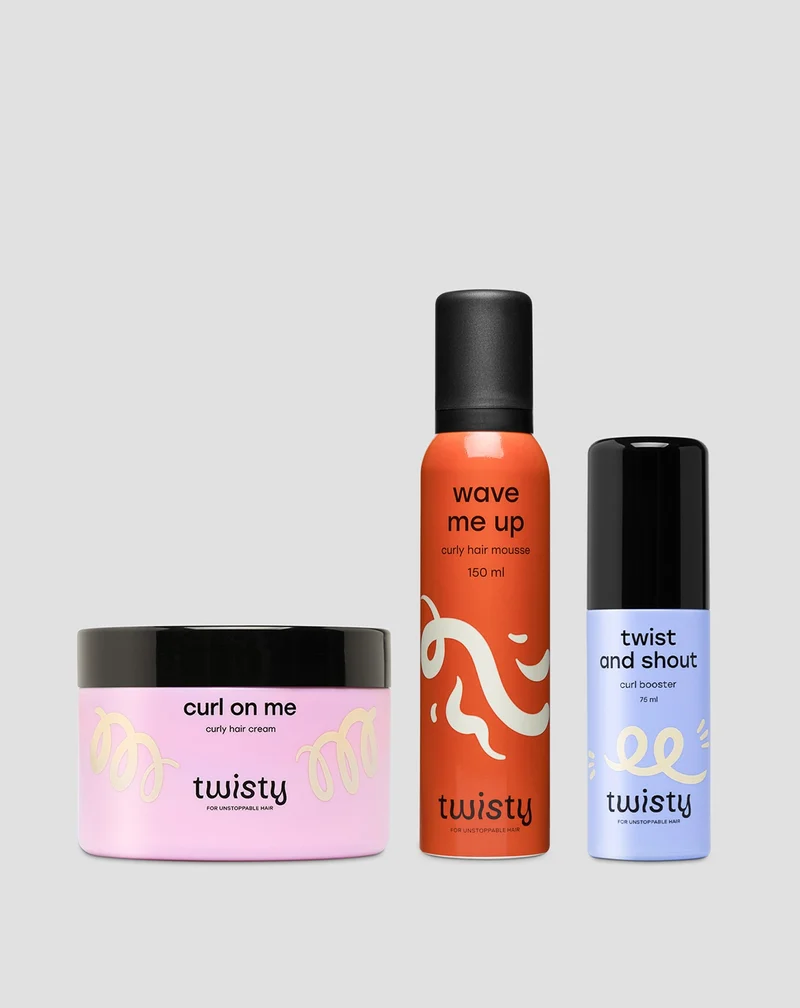Coffret crème + mousse + booster de Twisty pour le soin et le coiffage des cheveux bouclés et ondulés