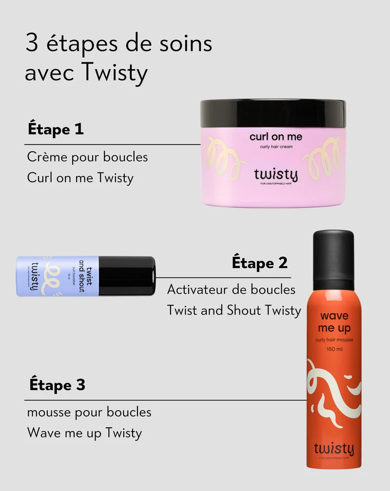 Coffret crème + mousse + booster de Twisty pour le soin et le coiffage des cheveux bouclés et ondulés