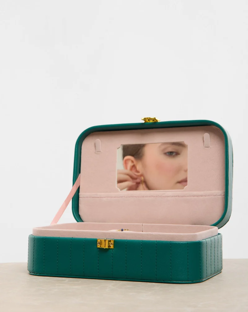 Boîte à bijoux avec compartiments, rouleaux et miroir grand vert Mys