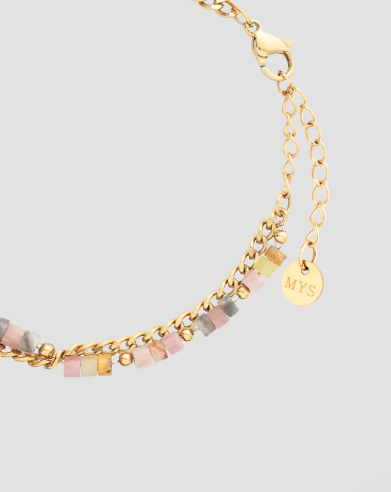 Bracelet plaqué or avec pierres naturelles rose et jade citron Mys