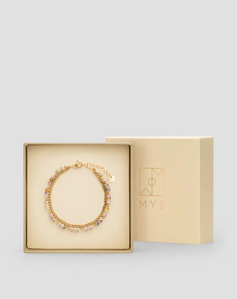 Bracelet plaqué or avec pierres naturelles rose et jade citron Mys