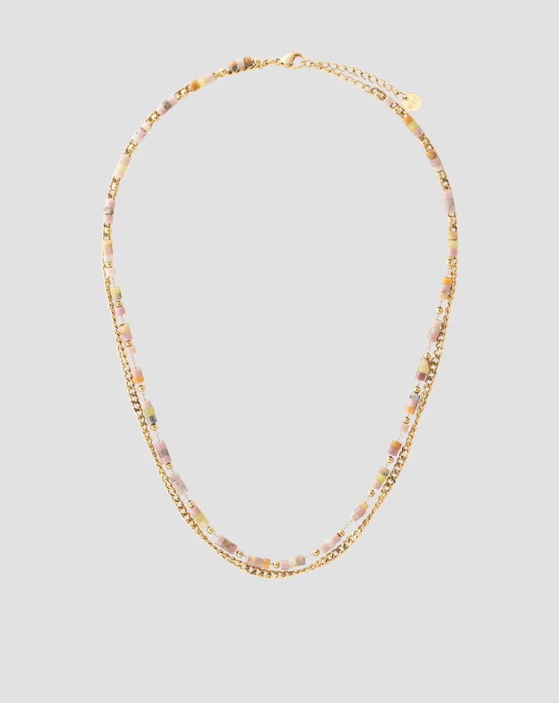 Collier plaqué or avec pierres naturelles rose et jade citron Mys