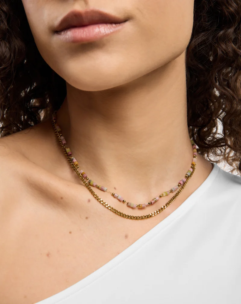 Collier plaqué or avec pierres naturelles rose et jade citron Mys