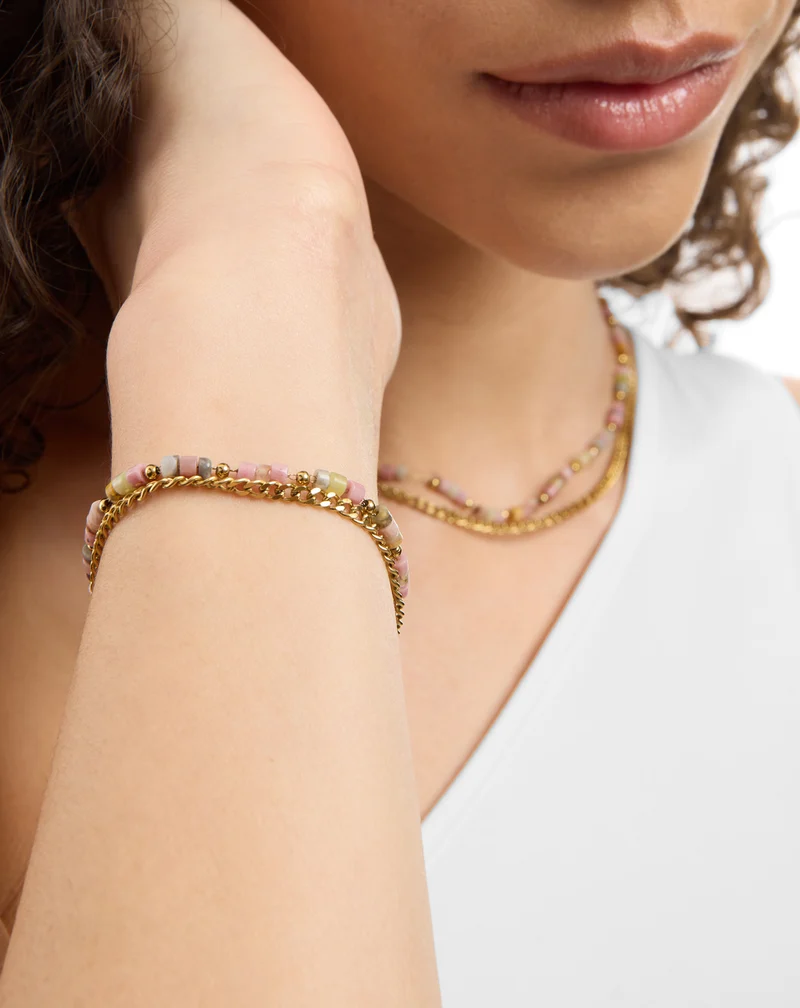 Collier plaqué or avec pierres naturelles rose et jade citron Mys