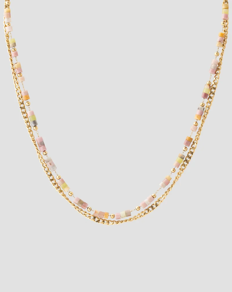 Collier plaqué or avec pierres naturelles rose et jade citron Mys