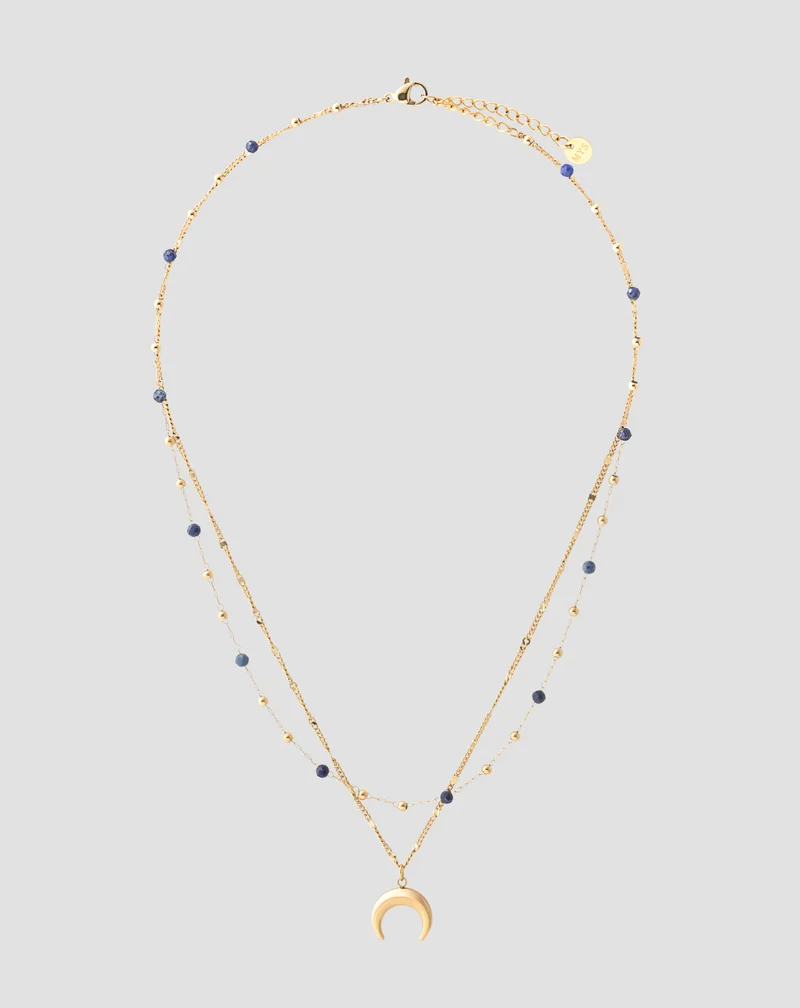 Collier en pierre naturelle lapis lazuli plaqué or avec croissant de lune Mys