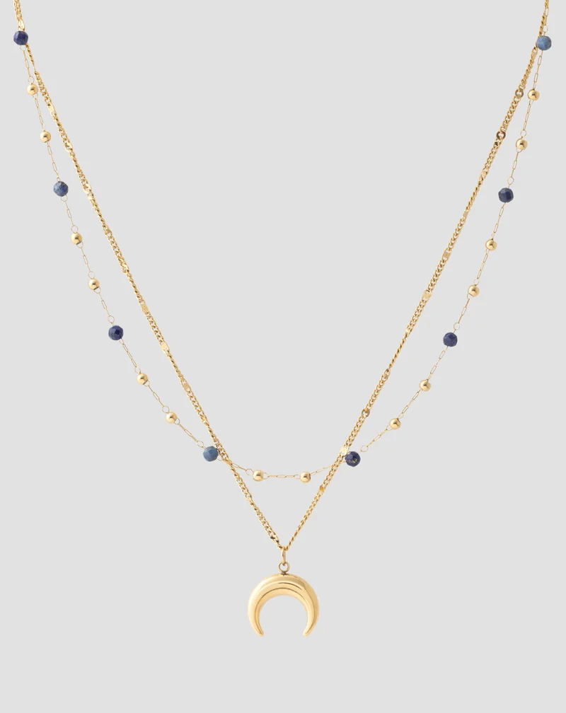 Collier en pierre naturelle lapis lazuli plaqué or avec croissant de lune Mys