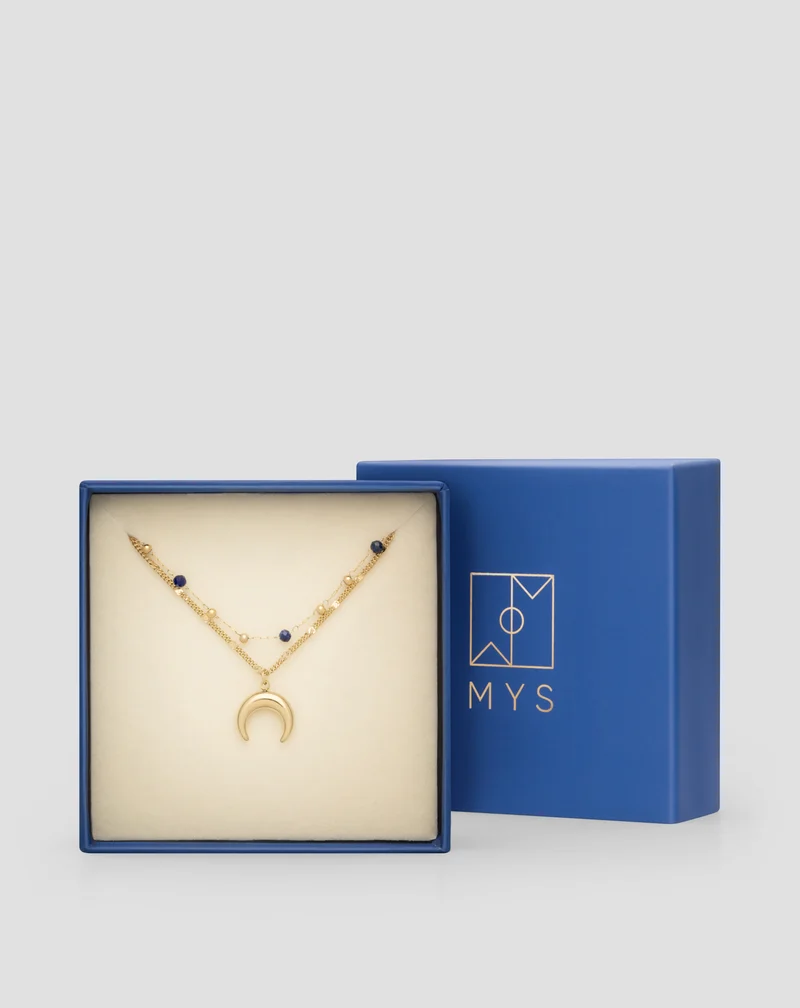 Collier en pierre naturelle lapis lazuli plaqué or avec croissant de lune Mys