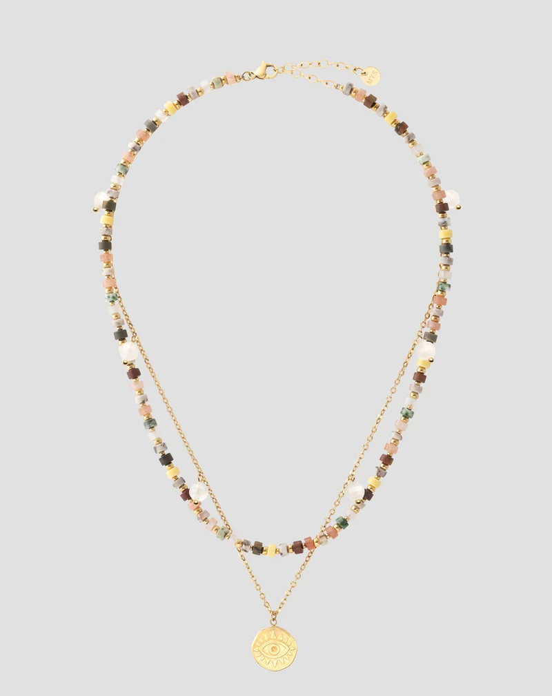 Collier plaqué or avec pierres naturelles agate, maifan, jaspe, jade et aventurine Mys