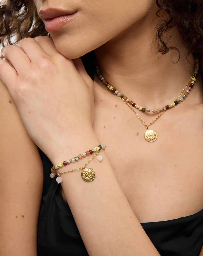 Collier plaqué or avec pierres naturelles agate, maifan, jaspe, jade et aventurine Mys