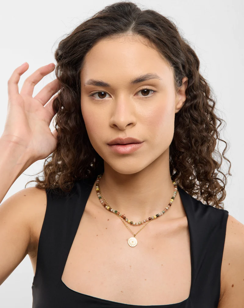 Collier plaqué or avec pierres naturelles agate, maifan, jaspe, jade et aventurine Mys