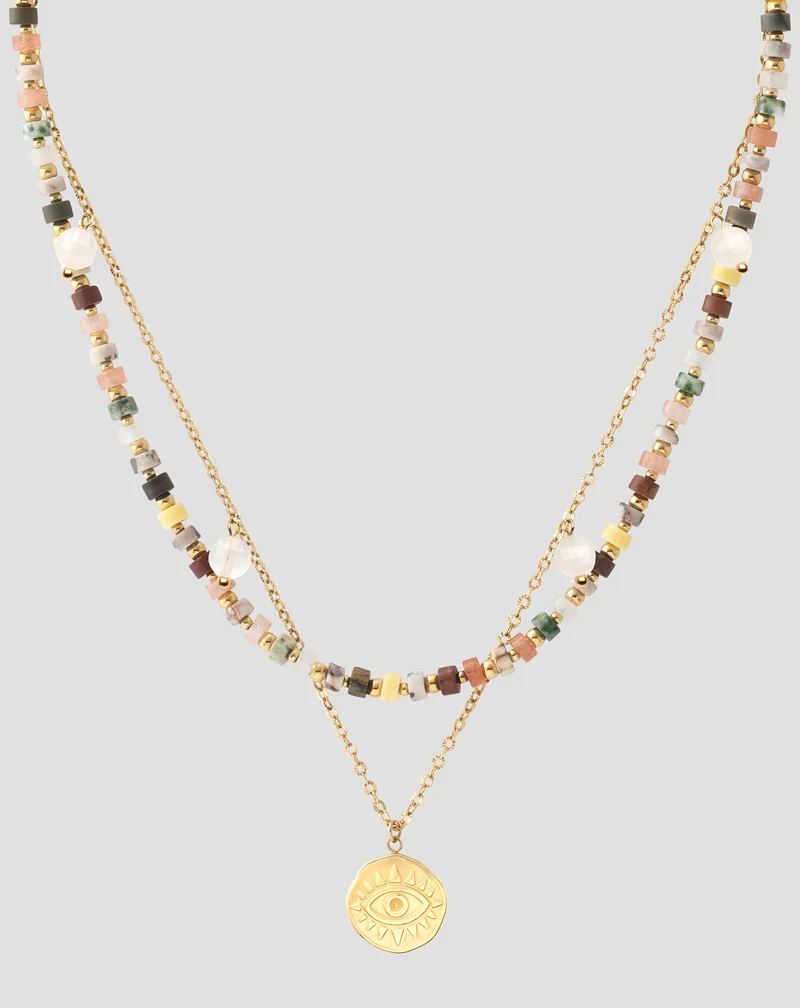 Collier plaqué or avec pierres naturelles agate, maifan, jaspe, jade et aventurine Mys