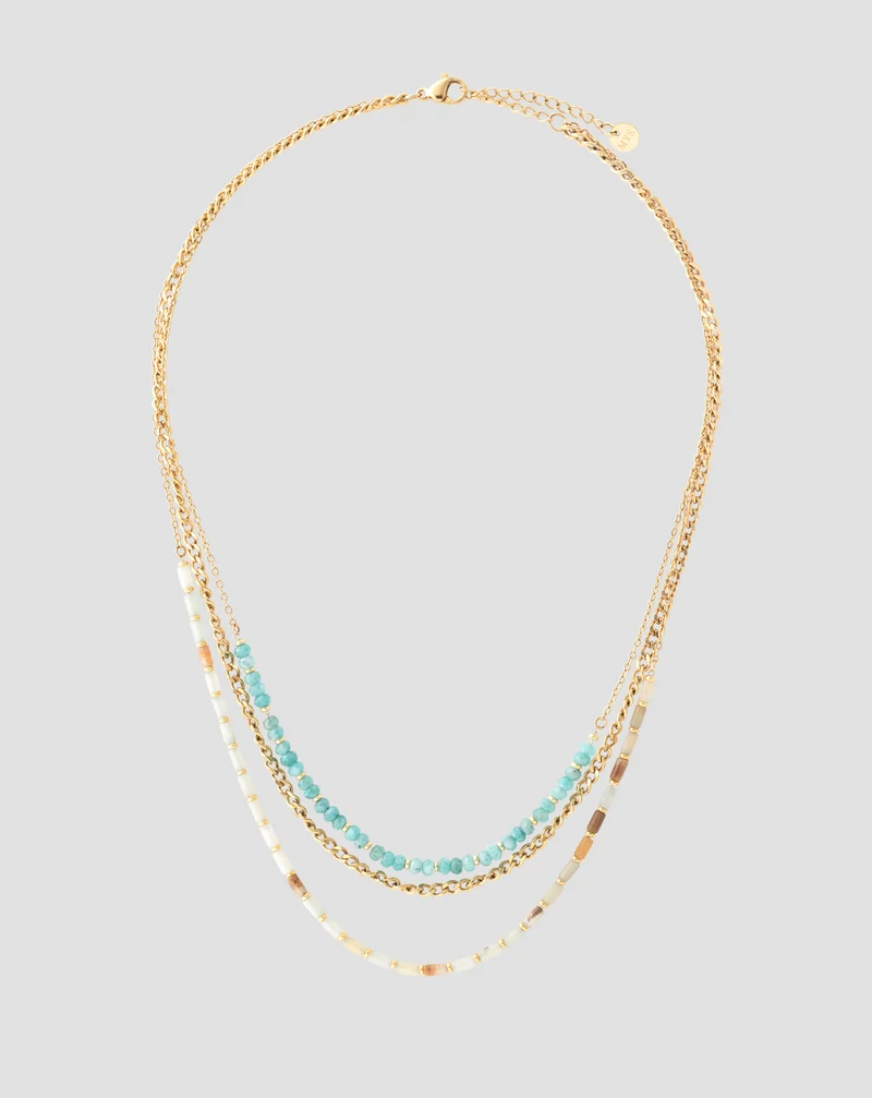 Collier plaqué or avec pierres naturelles turquoise africaine et amazonite Mys