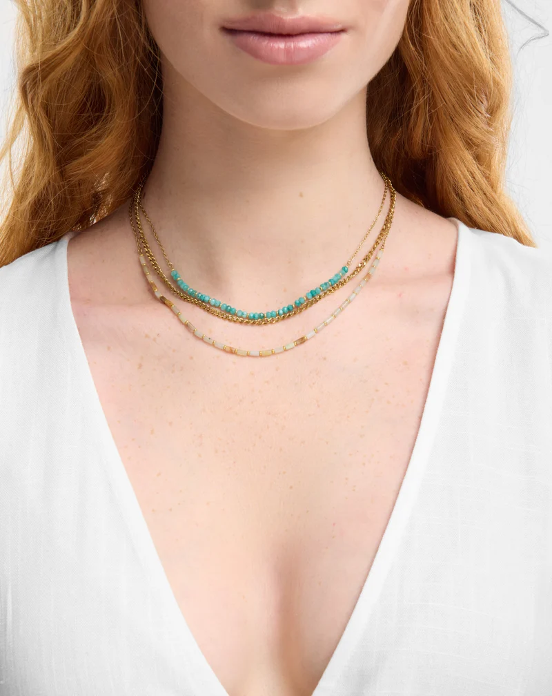 Collier plaqué or avec pierres naturelles turquoise africaine et amazonite Mys