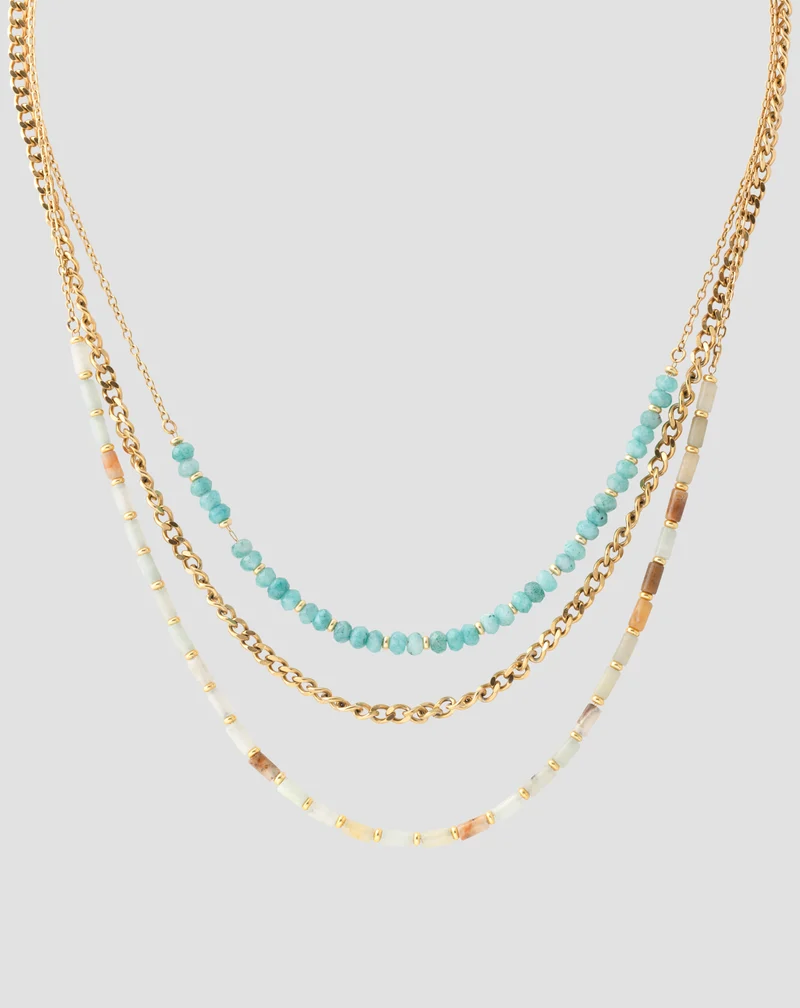 Collier plaqué or avec pierres naturelles turquoise africaine et amazonite Mys