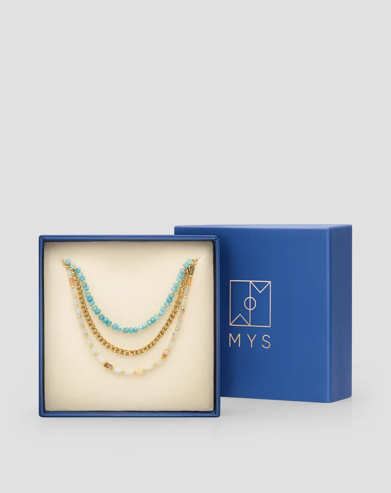 Collier plaqué or avec pierres naturelles turquoise africaine et amazonite Mys